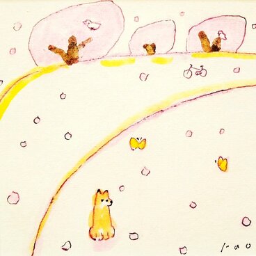 【春を呼びこむ絵】原画「桜の季節」※18㎝角 栗材の木製額縁入り 一点物・北欧インテリア・犬の絵・水彩画