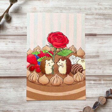 【季節のポストカード3枚セット】「2月　チョコレートケーキの上で」