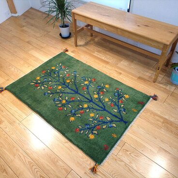 ペルシャ ギャッベ　玄関マット大　ウール　120x78cm　緑色　生命の木　RJ15702