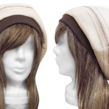 【ラスト1点】ゆったりルーズ・リブ付ベレー帽◆フォークロア調フランネルニット／ベージュ系　◇小顔効果・長いシーズン着用◇