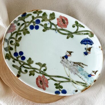 チコロット❤️すべて手描き❤️染付け❤️小判型❤️だ円皿❤️メイン皿❤️童話❤️笠地蔵