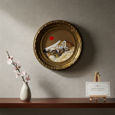 油絵 油彩 円形ミニ絵画「黄金富士山」絵画 油彩画 インテリア 風景画 富士山 縁起物　壁掛け 贈り物に 風水