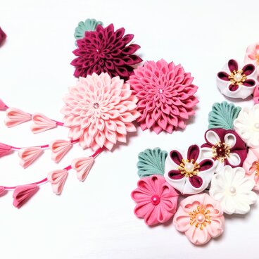 つまみ細工の髪飾り 11点セット【ピンク･赤紫･白】
