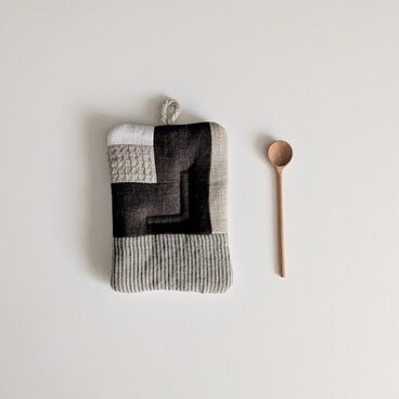 リネンの鍋つかみ/ポットマット　ブラウン　パッチワーク
