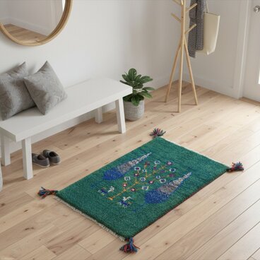 ペルシャ　ギャッベ　玄関マット小　ラグ　58x39cm　糸杉　緑色　NN20204
