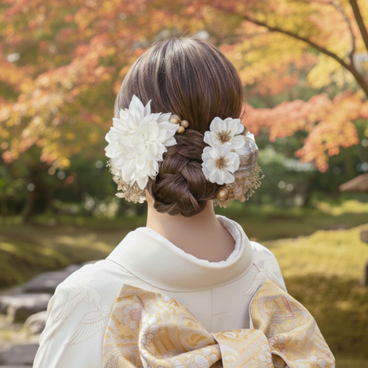 成人式 髪飾り 白ダリア×林檎の花｜卒業式 袴 和装ヘア No.WA02 振袖 着物 和装 花嫁 結婚式 前撮り 白無垢