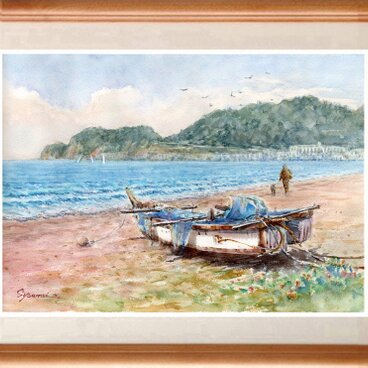 水彩画原画　鎌倉・由比ガ浜海岸風景　＃717