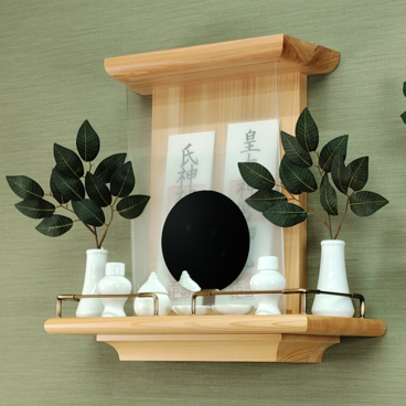 【 未来を拓く神棚　 神の鏡 】　二社宮神棚　三河桧無垢材　　モダン神棚 壁掛け型　ハンドメイドオリジナル商品