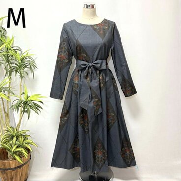 着物リメイク　大島紬花柄ワンピース　ロング　2WAY ゆったり　ふんわりギャザー　大人かわいい　花菱形柄　正絹　オールシーズン　