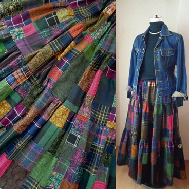 sold 絵画なパッチワーク♥Dark green&Plum♥ボリュームティアードスカート♥マキシ丈