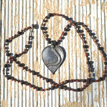 -India old silver- "black & red" braid long necklace