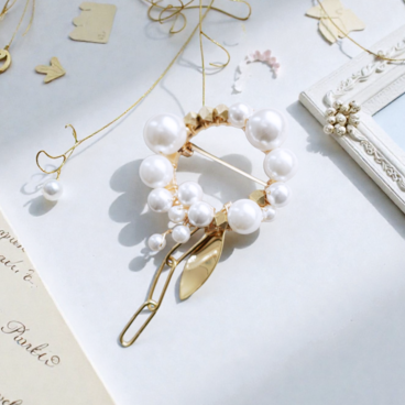 【卒入/フォーマル】サークルブローチ「drop+leaf」　貝パール　真鍮　【母の日】