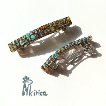 ターコイズステッチ べっ甲スクエアビーズバレッタ2本組　(#1238）(受注製作)