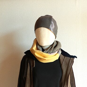 グレー/イエローグラデーション/ウール/綿/幅太/◎スヌード