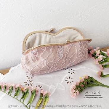 《ハートのシャンパンローズ》ピンク 花柄 レース がま口 コスメ メガネケース ポーチ
