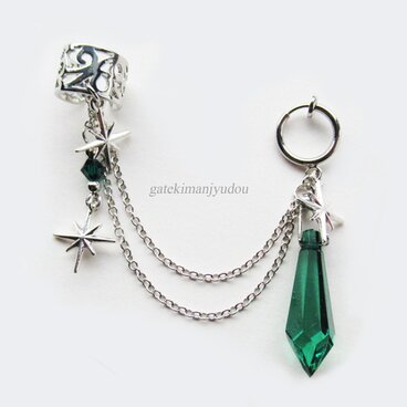 星と雫☆フープイヤリング&イヤーカフ/グリーン【ピアス等パーツ変更可】