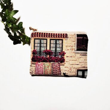オランダ生地　窓辺に花のポーチ（S）コスメ入れ　薬入れ　カード入れ