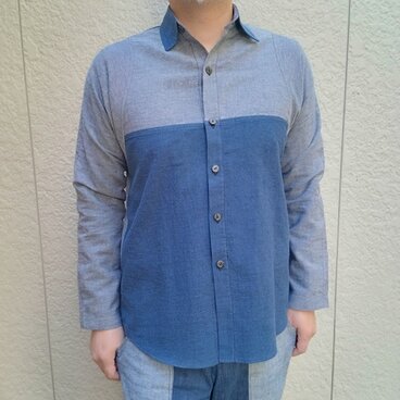 長袖播州織シャツ(グレー×DKブルー）