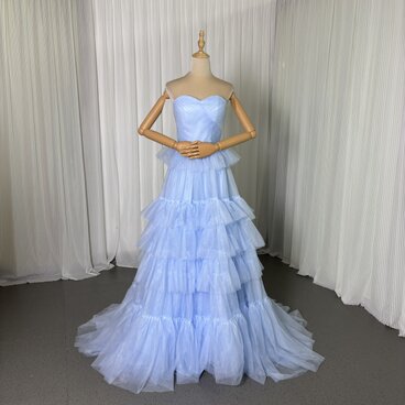 カラードレス ブルー ベアトップ チュールスカート スレンダーライン 編み上げ 演奏会/音楽会
