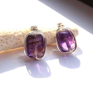 アメジスト　レクタングル　Wire　ピアス／イヤリング