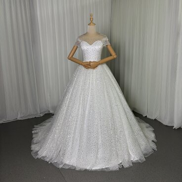 韓国風ドレス ウェディングドレス ラウンドネック 短袖 シークインチュール 華やか 編み上げ 拳式/前撮り