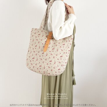 《リネンに咲く薔薇》ナチュラル 花柄 赤 小花 北欧  革 (中) 軽い A4 トートバック