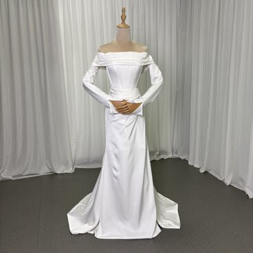 ウエディングドレス オフショルダー 取り外し袖 長袖 マーメイドライン ロイヤルサテン 大人っぽい 拳式/前撮り