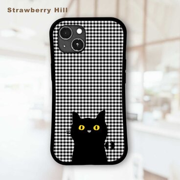 黒猫 ギンガムチェック 耐衝撃 グリップケース iPhoneケース