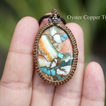 インディアンのお守り★オイスターカッパーターコイズ　マクラメネックレス2138