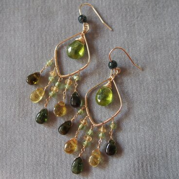 14kgf 大粒ペリドットとグリーンカラートルマリンのシャンデリアピアス k14gf　豪華　