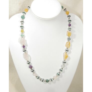 シトリンとローズクォーツの原石、水晶、アベンチュリン、サードオニキス、アメシストのネックレス（天然石、マグネット）