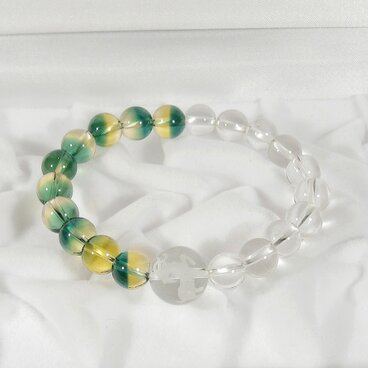 グリーンシトリンクォーツと水晶のブレスレット（内周：15cm、美しい透明感と光沢、練り水晶、鹿、4月の誕生石、クォーツ）