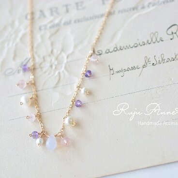 SALE)14kgfスコロライト(ラベンダークォーツ・ドロップカット)×ピンクアメジスト×ローズクォーツのネックレス