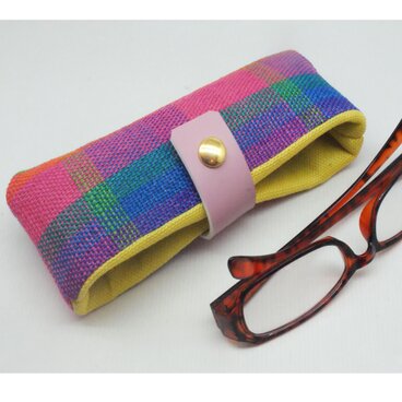 手織りリネンのメガネケース横型　コーラル