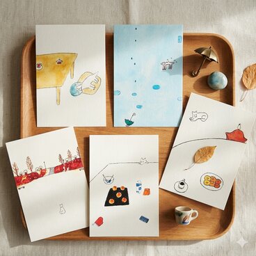 白い犬のポストカード 5枚セット　・絵葉書・犬イラスト・送料無料