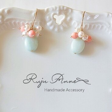 14kgf＊アマゾナイト(オーバルカット)×サンゴのミルキーカラーピアス