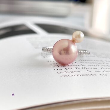 桜ピンクとクリームイエロー 天然淡水パール 2粒並べた モダンリング 2本から選べます