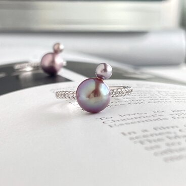 アボカドパープル 天然淡水パール ２粒並べた モダンリング 2本から選べます