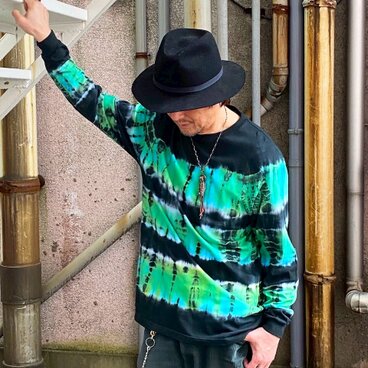 タイダイ 長袖Ｔシャツ XLサイズ ブラック×グリーン ボーダー HIPPIES DYE HD25-48