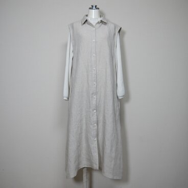 カラーリネン◆Aラインシャツワンピース◆生成り◆フリーサイズ（中厚、リネン100％）