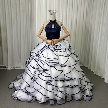 豪華！カラードレス ネイビー ホルターネック キラキラスパンコール ラッフルフリル プリンセスライン クラシカル 前撮り