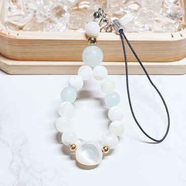 ✦白猫ストラップ｜優しく、穏やかな自分へ♪ホワイトシェル（白ネコ・白ねこ）マザーオブパール・アクアマリンNo.853S