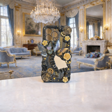 アンティーク薔薇のスマホケース｜一点物 立体装飾 クラシカル ロココ ハンドメイド 大人可愛い ゴシック