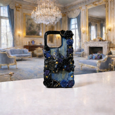 アンティーク薔薇のスマホケース｜一点物 立体装飾 クラシカル ロココ ハンドメイド 大人可愛い ゴシック