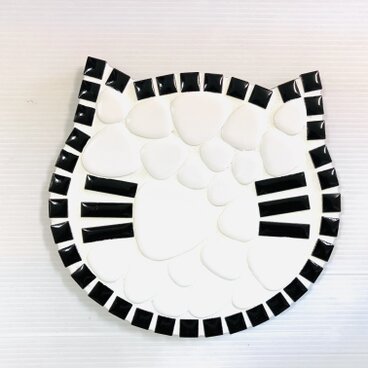 鍋敷：猫顔柄～ブラックタイル枠&髭の