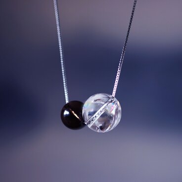 大粒★虹入り水晶玉と煙水晶のネックレス・付替え、長さ変更自由・サージカルステンレス　～夢幻泡影（むげんほうえい）