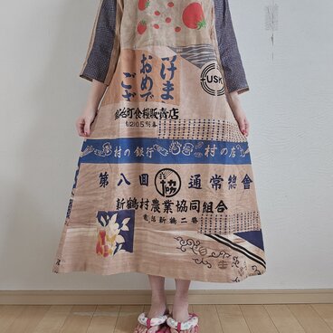 着物リメイク　ハンドメイド　柿渋染め　パッチワーク　ワンピース