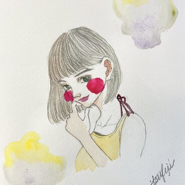 すみれ色のショートカットの女性 透明水彩 B5 原画