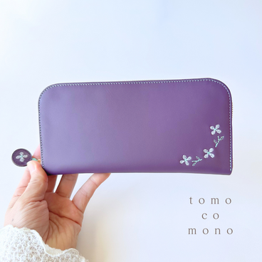 エコレザー × 刺繍革財布『hana＊hana』PLUM／パープル（牛革）長財布☆ラウンドファスナー☆