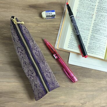 【エスニック】畳縁　テトラ型　ペンケース　紫　金　オリエンタル